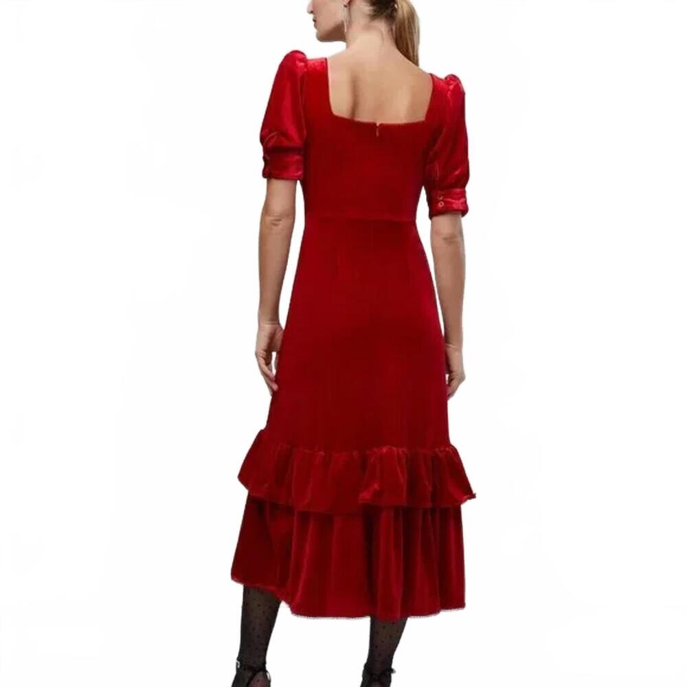 NWT Rachel Parcell Cherry Red Velvet Puff Sleeve Peplum Midi Dress Size XS - Picture 2 of 7
